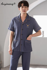 Man V-neck Cardigan Summer Pjs Cotton Elegant Printing Turn-down Collar