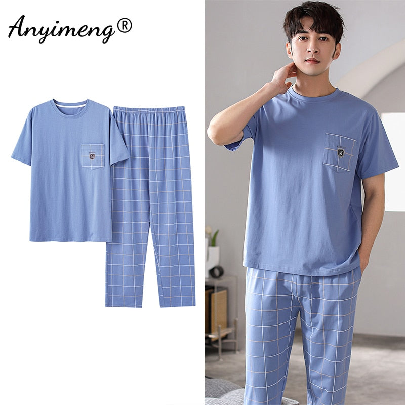 Cotton Men Pajama Sets Short Sleeve Long Pants Casual Loungewear