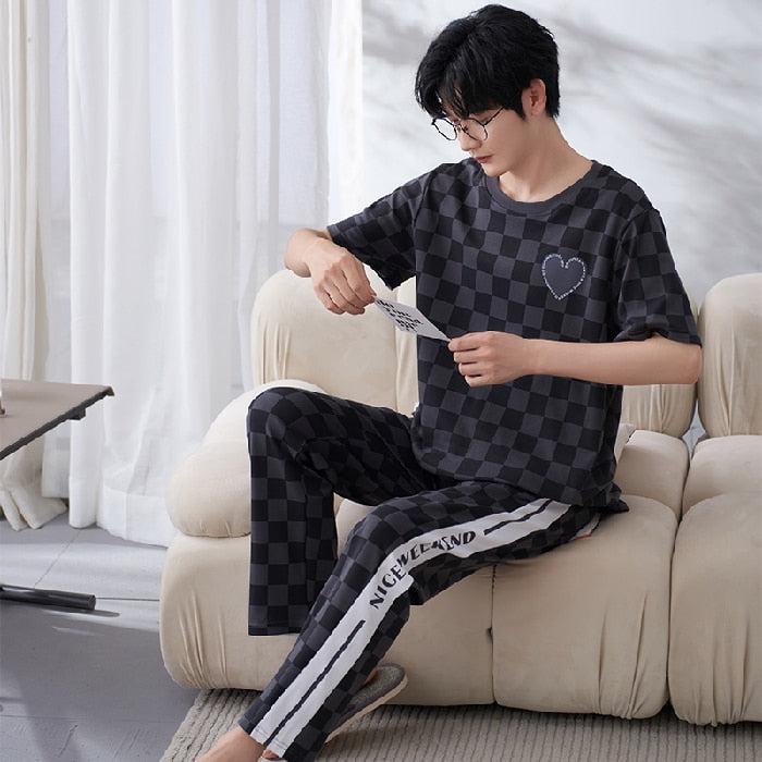 Pajamas Set for Men  Soft Short Sleeve T Shirt Long Pant 2 Pcs