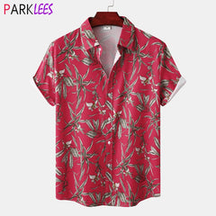 Red Floral Hawaiian Shirt Men Short Sleeve Button Down