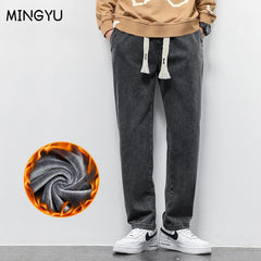 Streetwear Baggy Fleece Jeans Men Cotton Fashion Loose Straight