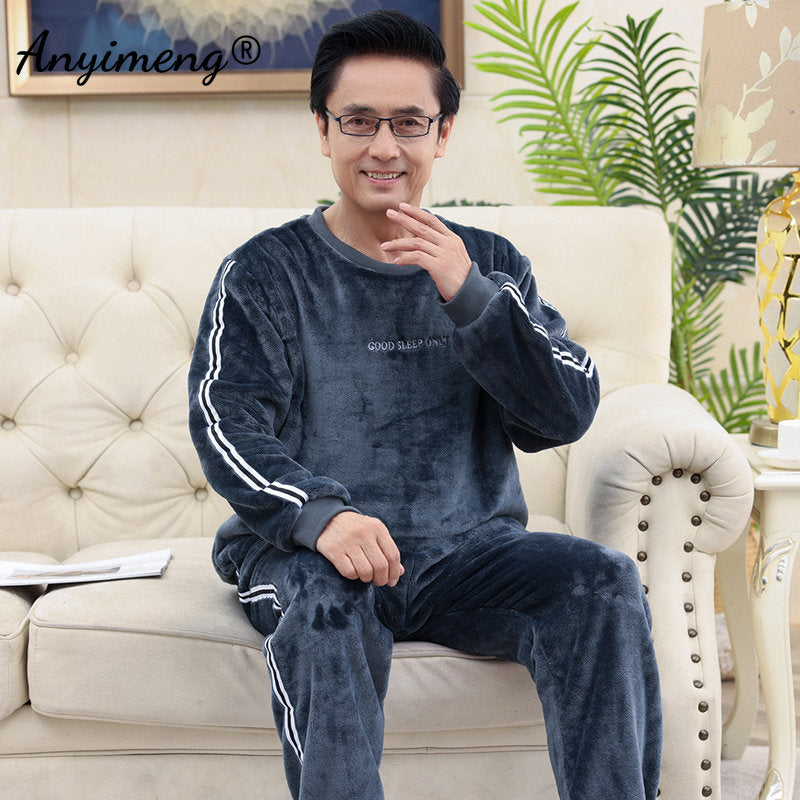 Plain Male Plain Pajamas Set Thick Sleep Tops Nightwear Long Sleeved