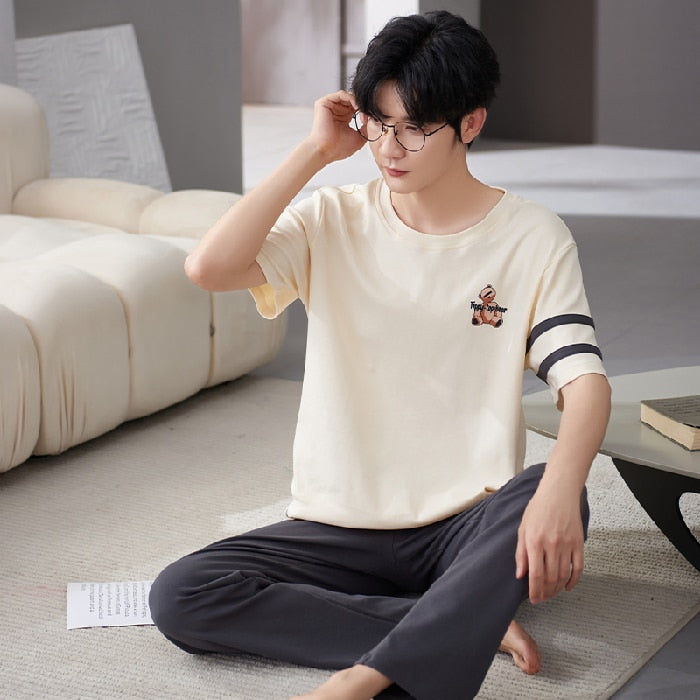 Pajamas Set for Men  Soft Short Sleeve T Shirt Long Pant 2 Pcs