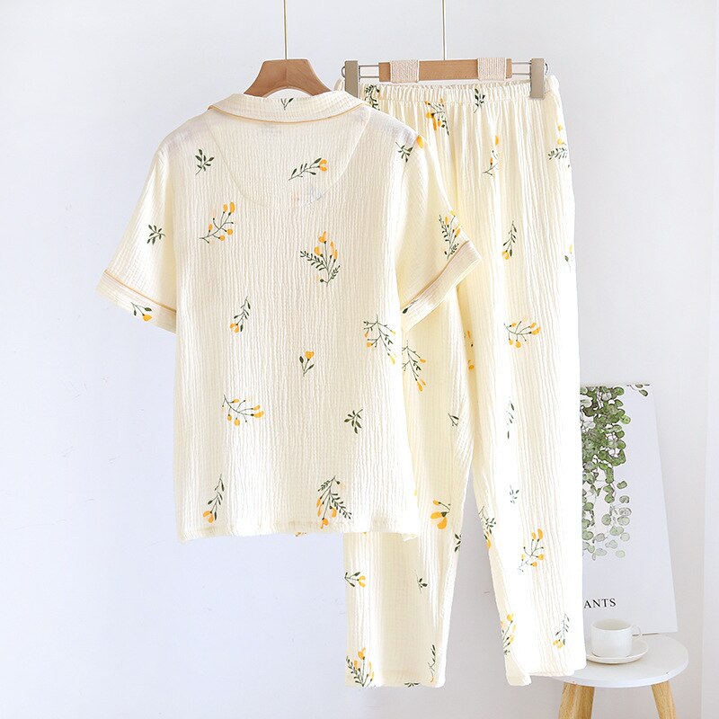 Cotton Crepe Sleepwear Short Sleeve Trousers Print Two Piece Set Loungewear