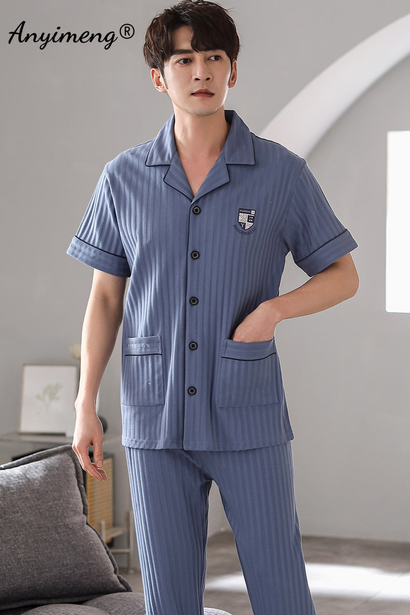 Man V-neck Cardigan Summer Pjs Cotton Elegant Printing Turn-down Collar