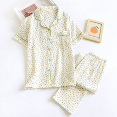 Cotton Crepe Pajamas Short Sleeve Spring Pajama Set Flower Print Sleepwear