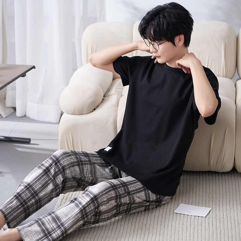 Pajamas Set for Men  Soft Short Sleeve T Shirt Long Pant 2 Pcs