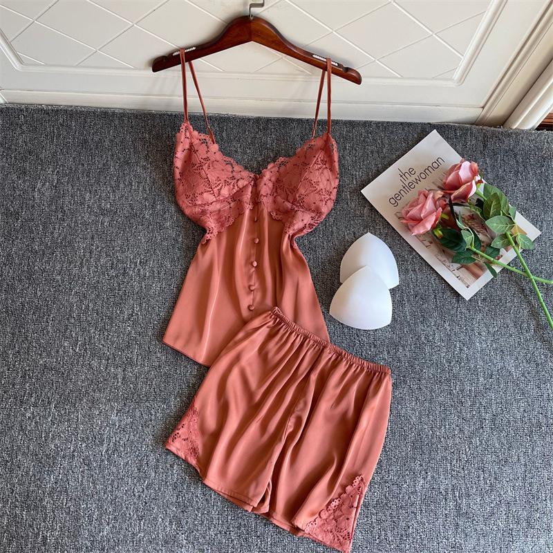 Two Pieces Pajamas Sleep Set Lace Sleepwear Lady Satin Nightgown