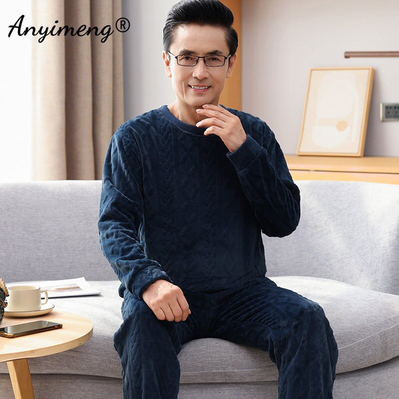 Plain Male Plain Pajamas Set Thick Sleep Tops Nightwear Long Sleeved