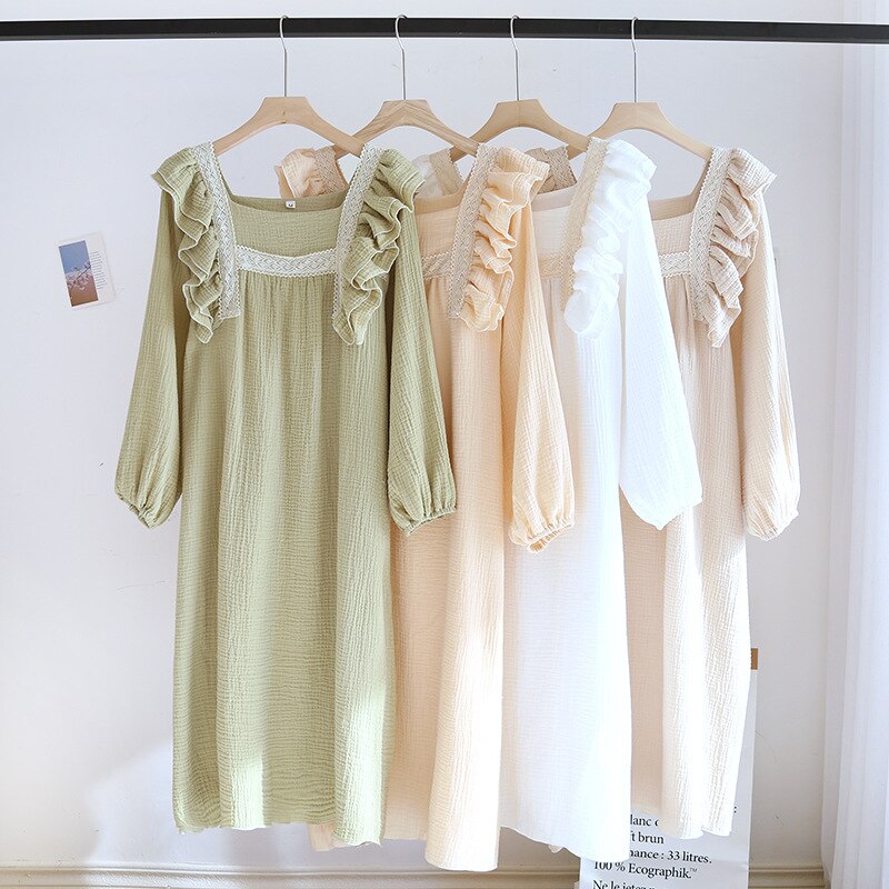 4 Colors Pure Cotton Nightdress Nightgown Sleepwear Ladies Home