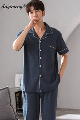 Man V-neck Cardigan Summer Pjs Cotton Elegant Printing Turn-down Collar