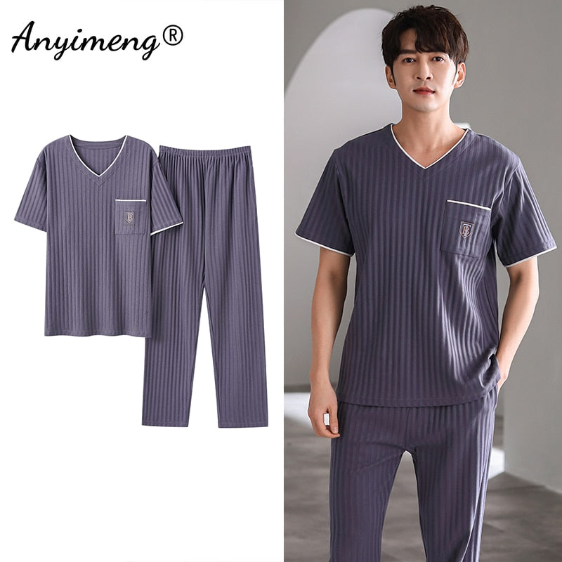 Cotton Men Pajama Sets Short Sleeve Long Pants Casual Loungewear