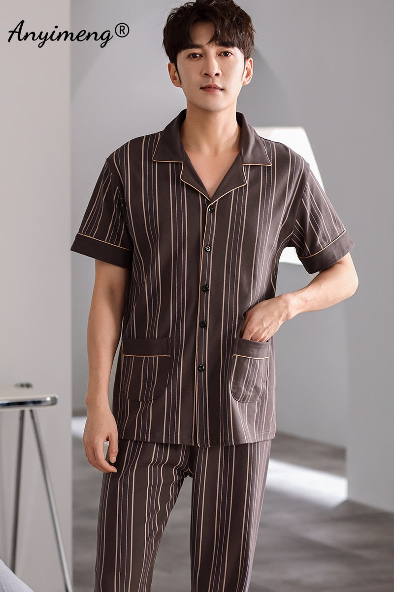 Man V-neck Cardigan Summer Pjs Cotton Elegant Printing Turn-down Collar