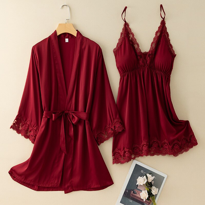 2PCS Lace Robe Set Women Kimono Sleepwear Sleep Suit