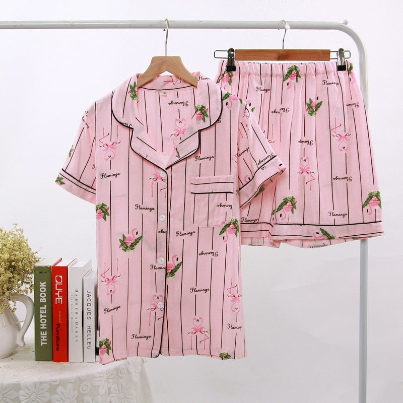 Cotton Pajamas Heart Stripe Print Short Sleeve Pajamas Sets