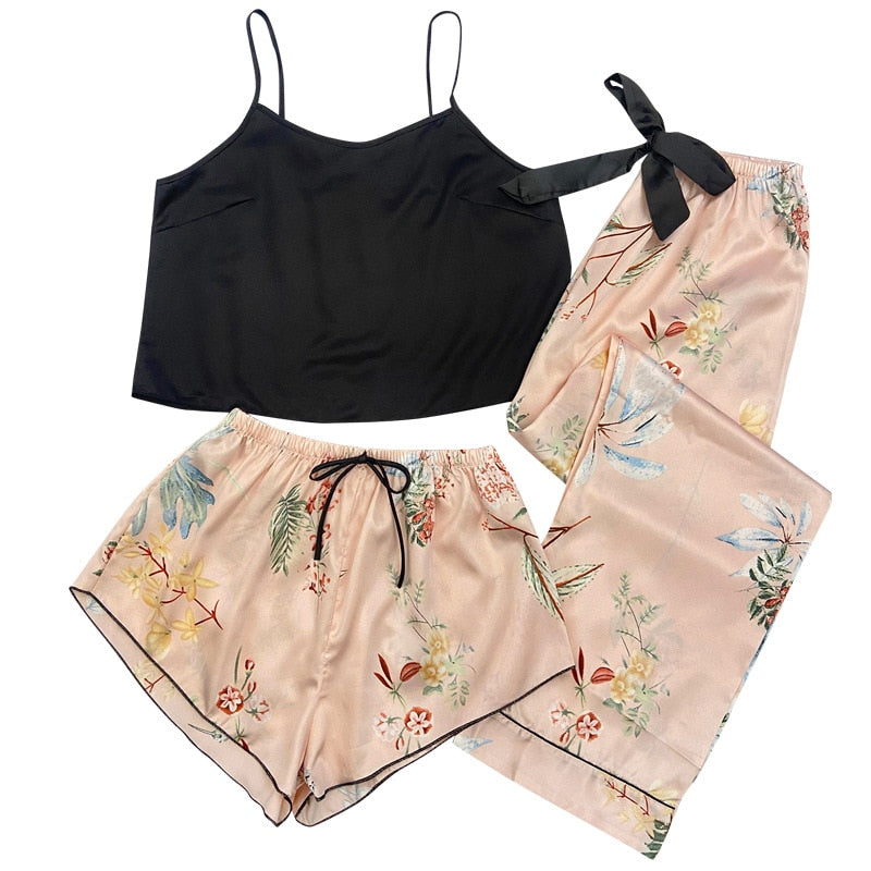 3pcs Print Pajamas Set Strap Shorts Sleep Suit Summer Sleepwear Nightwear