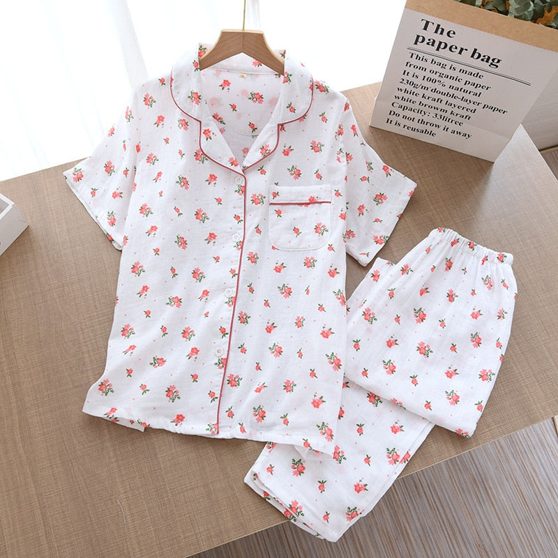 crepe pajamas Short-sleeved trousers two-piece Floral thin ladies home wear set