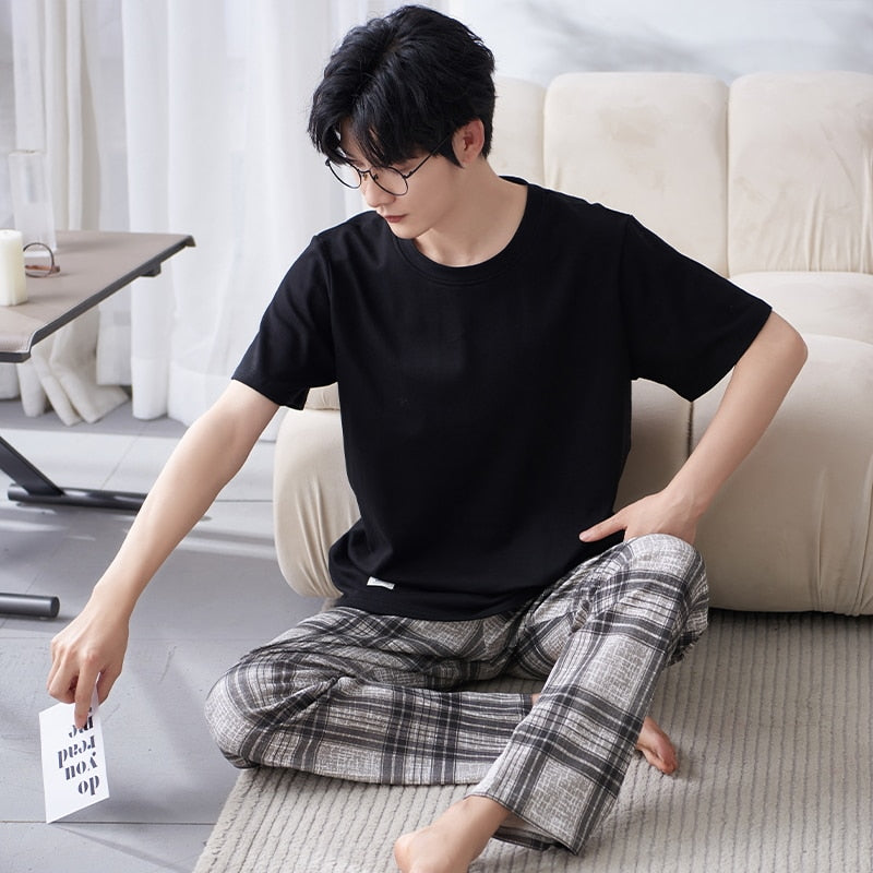 Pajamas Set for Men  Soft Short Sleeve T Shirt Long Pant 2 Pcs