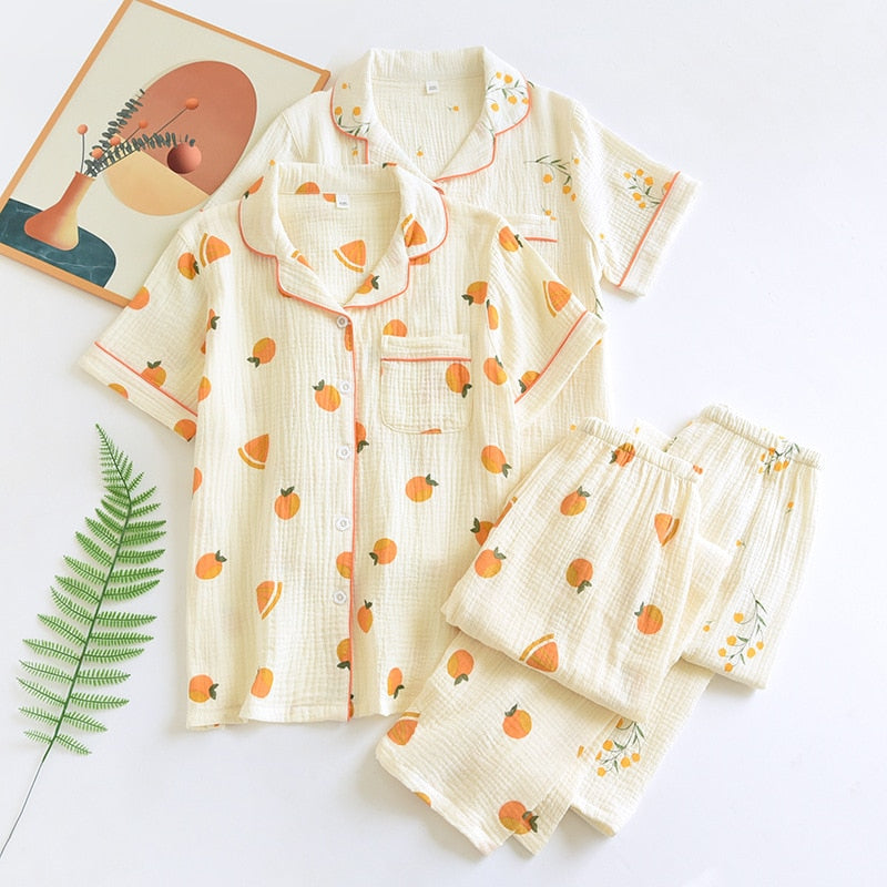 Cotton Crepe Pajamas Short Sleeve Spring Pajama Set Flower Print Sleepwear