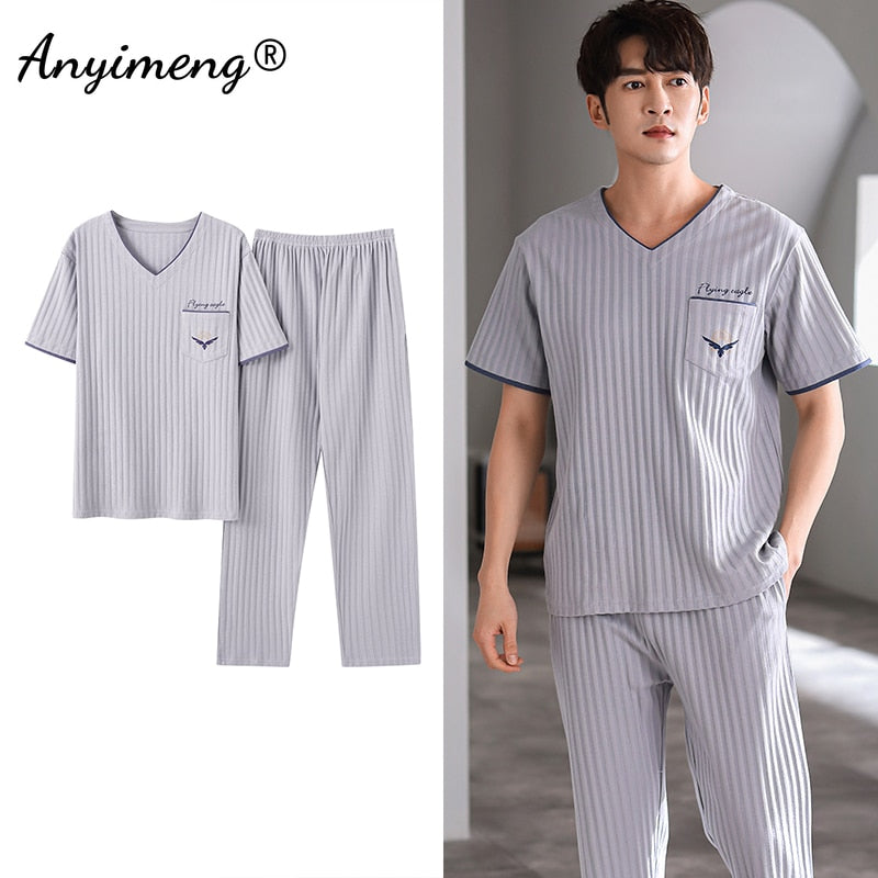 Cotton Men Pajama Sets Short Sleeve Long Pants Casual Loungewear