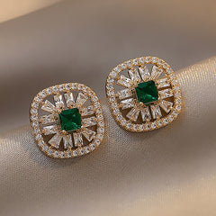 Green Square Crystal Stud Earrings Trendy Rhinestone